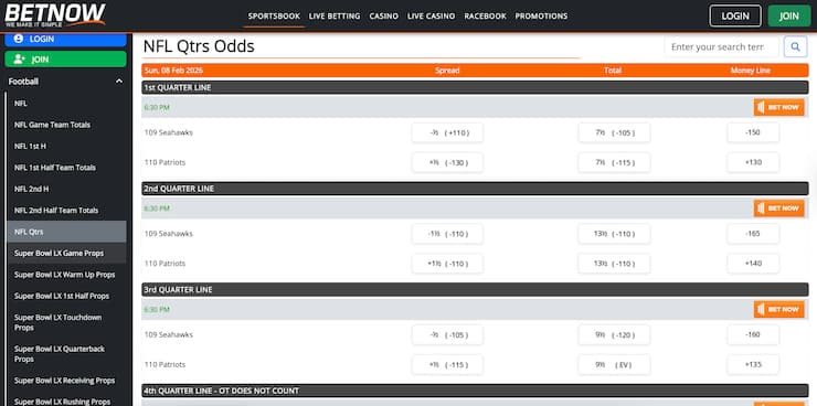 A snapshot of the BetNow betting site