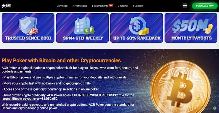 ACR Poker shown as one of the best online poker sites with high-traffic tournaments and big guarantees.