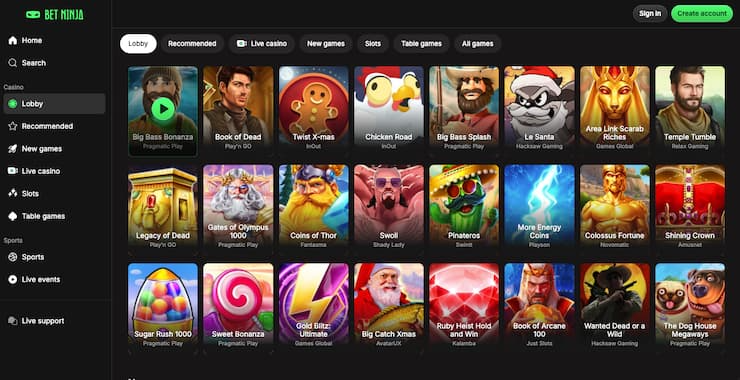 Betninja hybrid casino and sportsbook lobby at an online casino in Australia