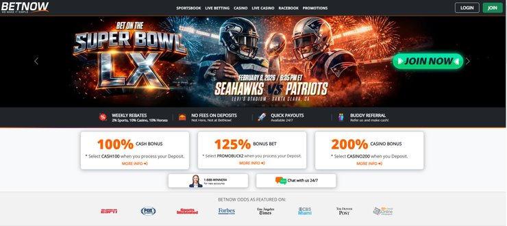 A screenshot of BetNow's now betting homepage