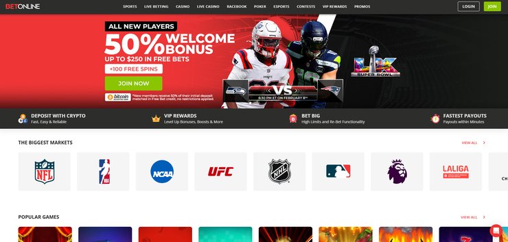 A screenshot of BetOnline's homepage, one of the best new betting sites