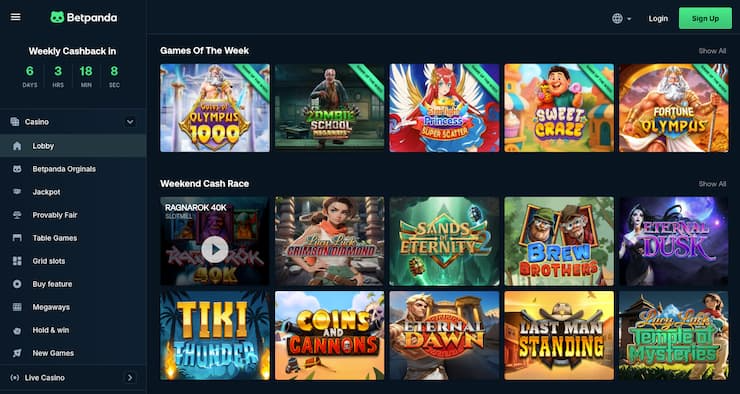 BetPanda games lobby showcasing why it ranks among the best no KYC casinos with featured slots and live promotions.