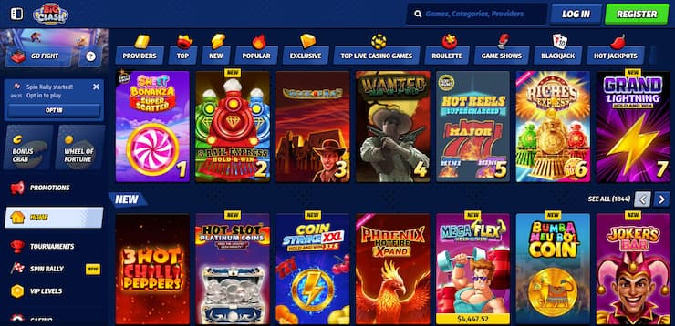 Big Clash homepage at a top Online casinos Canada site with live pokies and promotions
