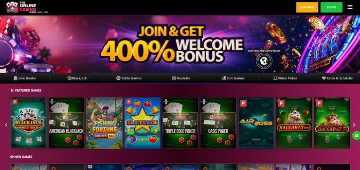 A screenshot of TheOnlineCasino homepage