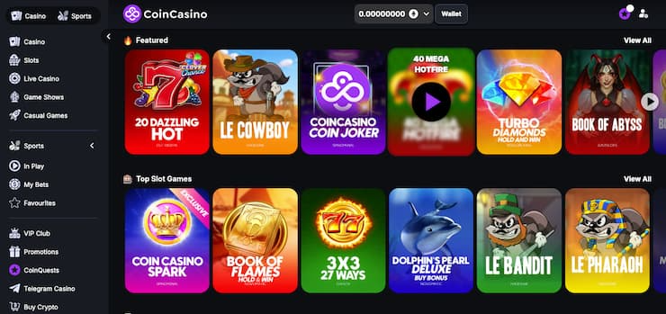 CoinCasino crypto casino home screen with featured and top slot games.