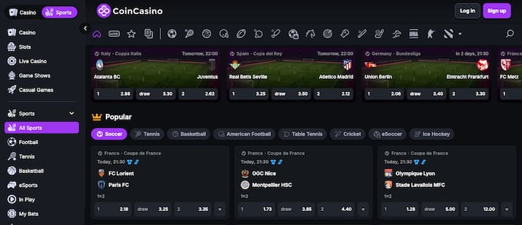 Coin Casino sportsbook and live odds dashboard displayed on smartphone