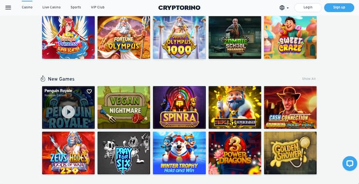 Cryptorino casino games page showing popular titles at one of the best no KYC casinos with fast crypto payouts.