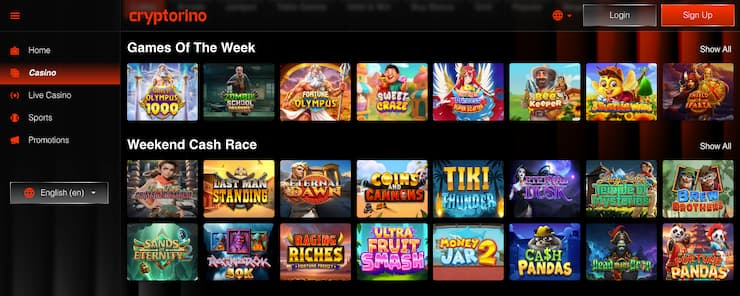 Cryptorino crypto casino games page displaying featured slots and tournaments.