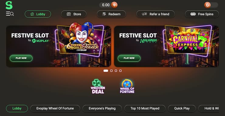 Lonestar sweepstakes casino lobby showing festive slot games and rewards menu