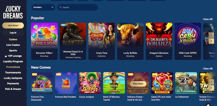 LuckyDreams NZ online casino lobby showing popular pokies and live dealer tables on mobile