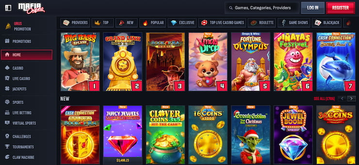 Mafia Casino mobile lobby at an Online casinos Canada platform with crypto cashier