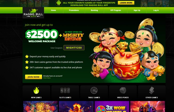 A screenshot of Raging Bull Casino's homepage