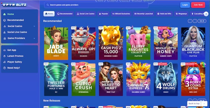 SpinBlitz sweepstakes casino game library with social casino slots and live games