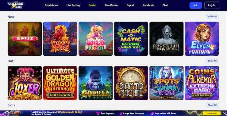 Voltage Bet casino games interface popular with Pennsylvania online casinos players