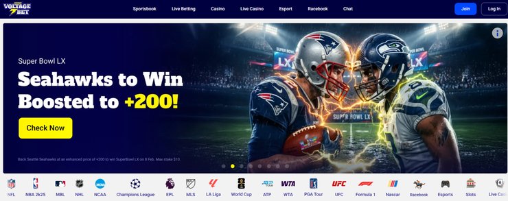 A screenshot of Voltage Bet's sportsbook homepage