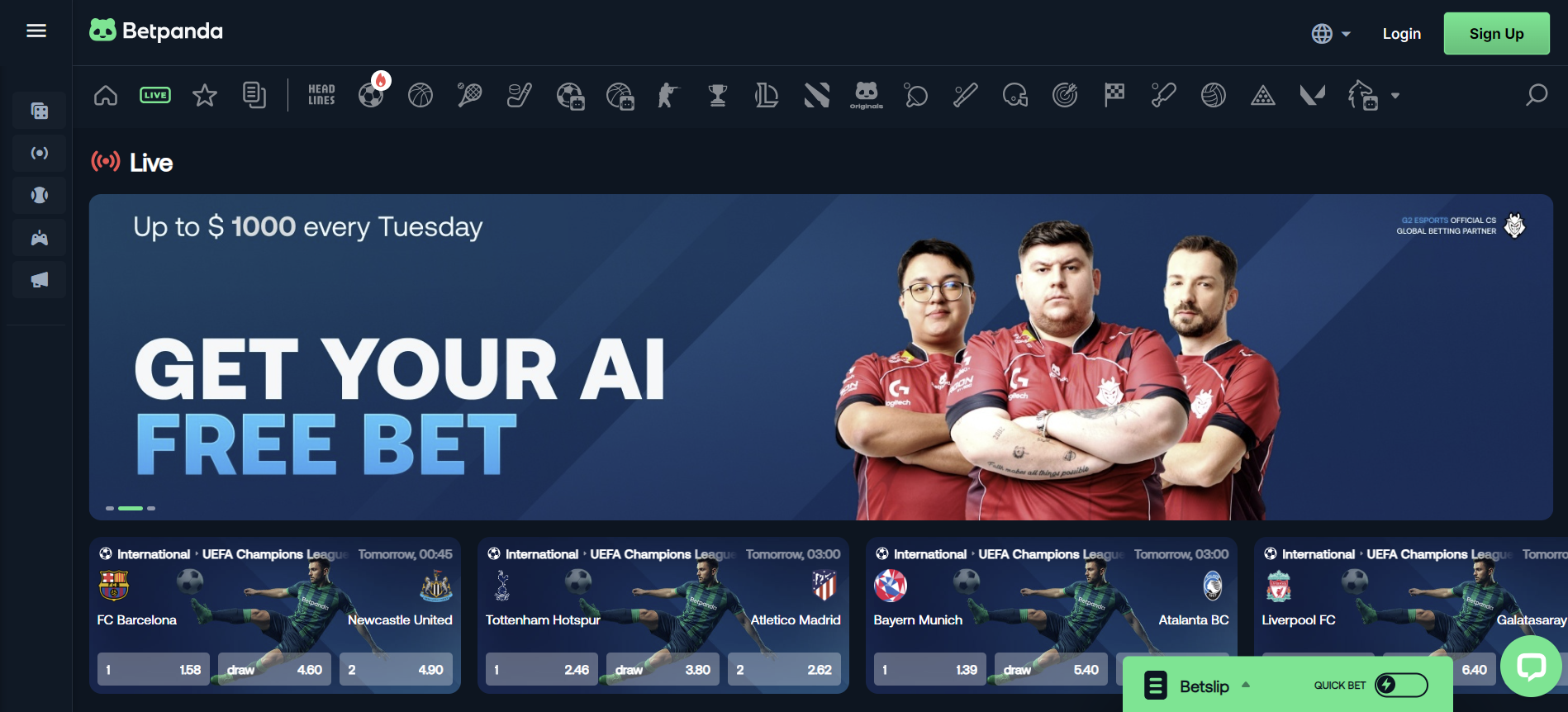 A desktop screenshot fo the Betpanda sports betting lobby