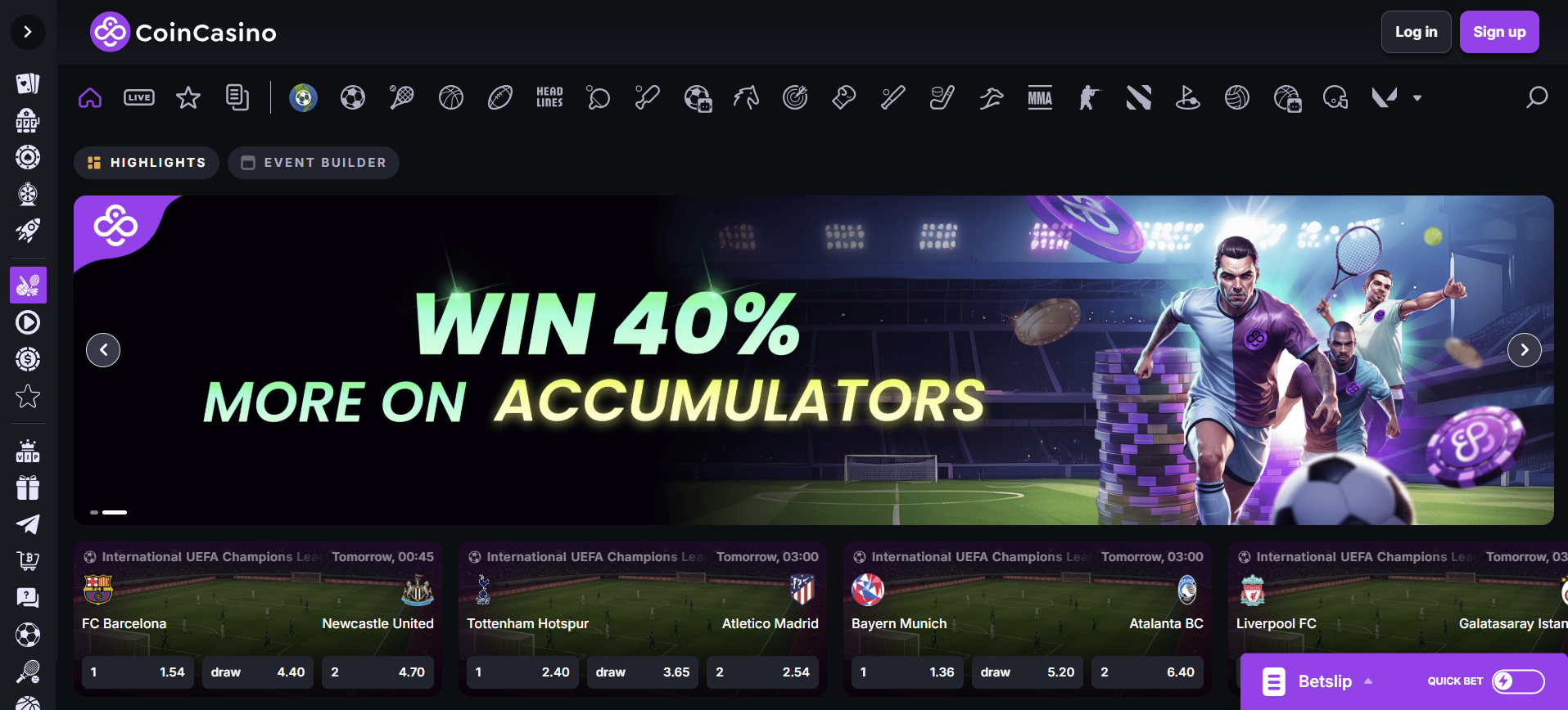 A desktop screenshot of the CoinCasino gambling site