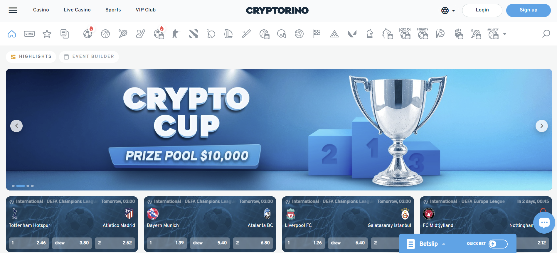 A desktop screenshot of the Cryptorino sports betting offering