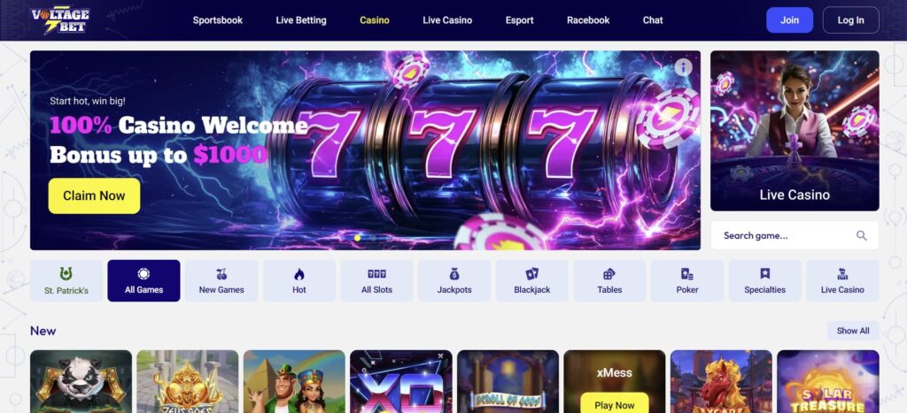 A desktop screenshot fo the VoltageBet casino